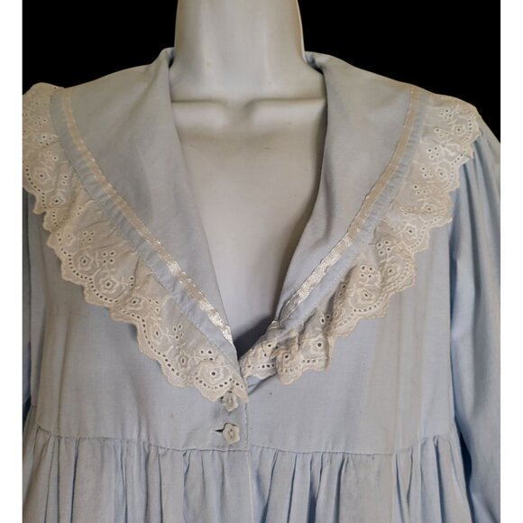 The 1 For U Long Modest Nightgown Size XS Light Blue Cotton White Eyelet Trim - Picture 2 of 7